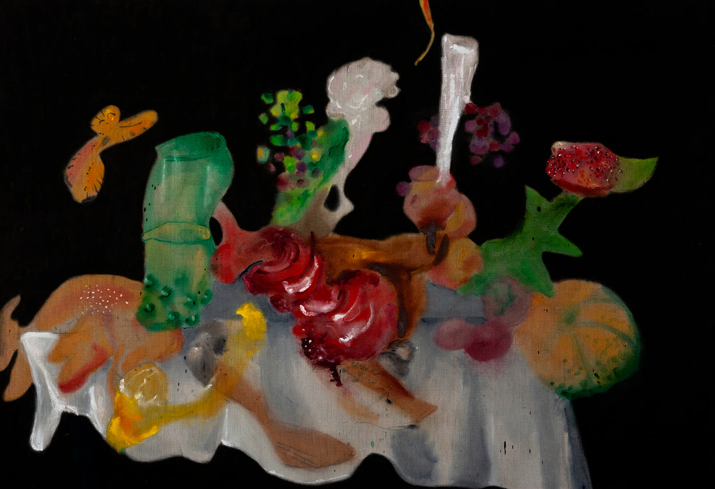 Josh Robbins - Lobster, glass of wine, butterfly, boar's leg, flower, candle, grapes, pomegranate, leaves, pumpkin, squash, berries, fish, oysters, peeled lemon and table cloth - With Luxe Arm