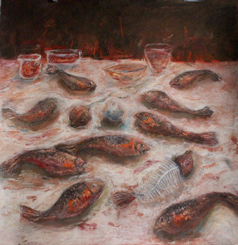 Lesley Dickman - Still life with fish, garlic & pots